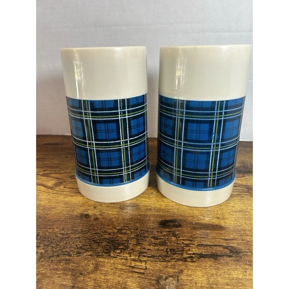 Vintage Aladdin Best Buy Blue Plaid Pint Wide Mouth Thermos Bottle USA Lot of 2